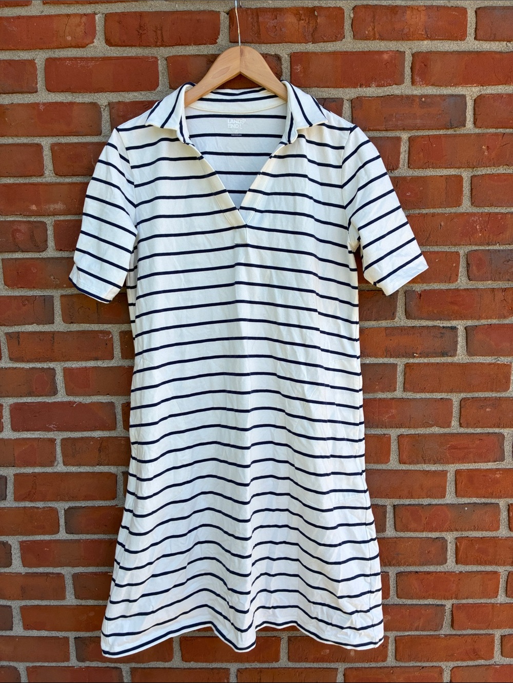 Lands' End White and Navy Striped Polo Mini Dress